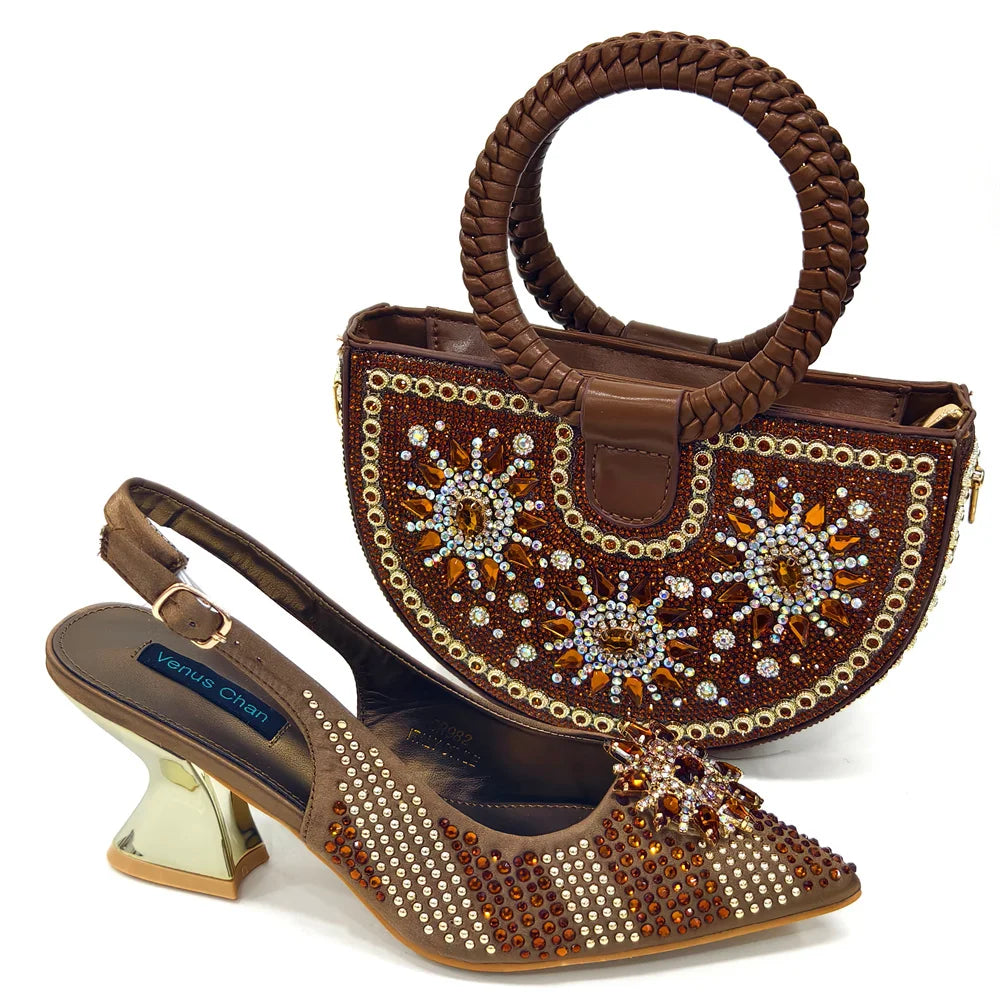 zapatos italianos para mujer y bolso, conjunto de Color fucsia, tacones altos cómodos con diamantes de imitación