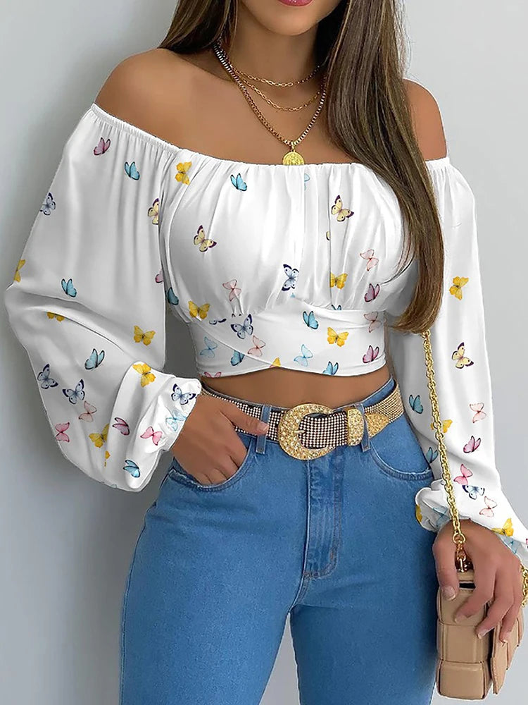 Blusa con hombros descubiertos para mujer, elegante con estampado
