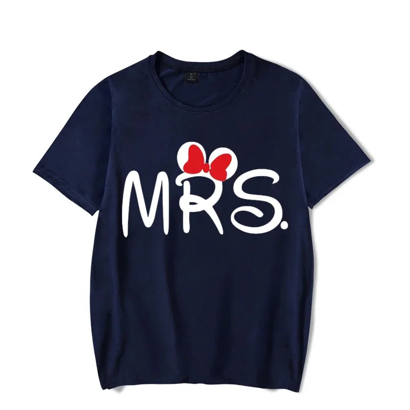 Camiseta de manga corta con estampado de ratón y dibujos animados de Mr. Mrs para parejas, camiseta de verano con estampado de letras, camiseta informal holgada para amantes, camiseta unisex