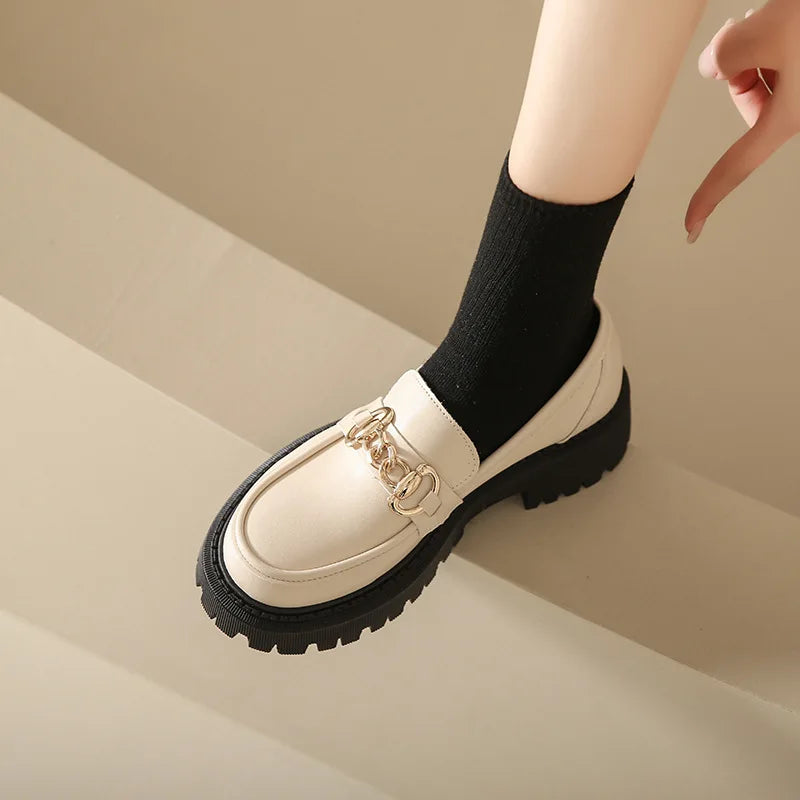 Nuevos zapatos informales con punta redonda y parte inferior gruesa, suela de goma de cuero PU