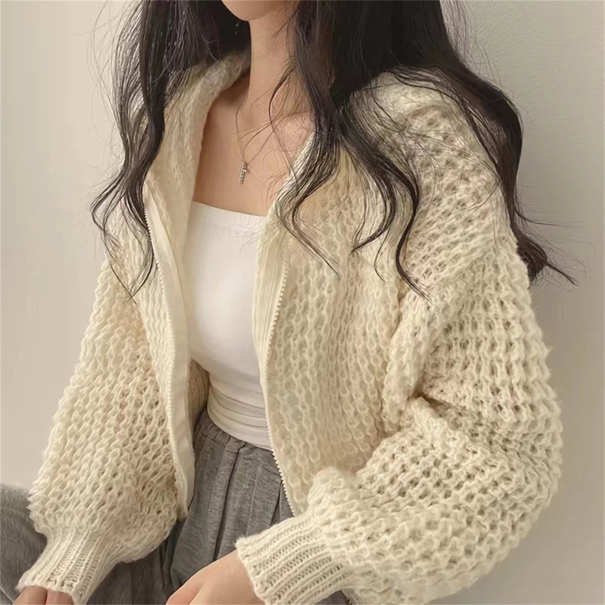 Suéter de punto coreano para mujer, abrigo de moda de otoño e invierno, Sudadera con capucha lisa, cárdigan con cremallera, chaqueta informal de estilo perezoso de calle para mujer