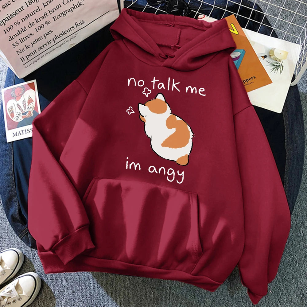 Sudadera con capucha con estampado de gato enojado para mujer, sudaderas suaves, jerséis de lana informales, ropa de calle de lana de gran tamaño para mujer