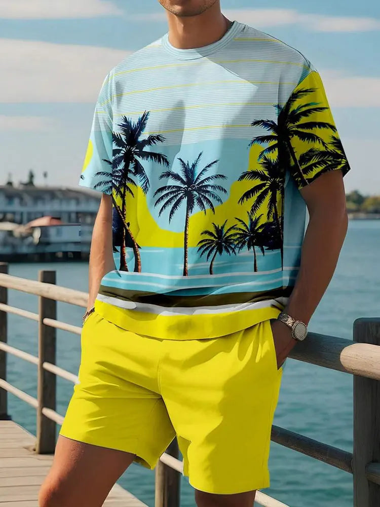 Conjunto de 2 piezas de verano vibrante para hombre, camiseta elegante e informal para hombre, pantalones cortos de playa para exteriores, estampado , cuello redondo y mangas cortas.
