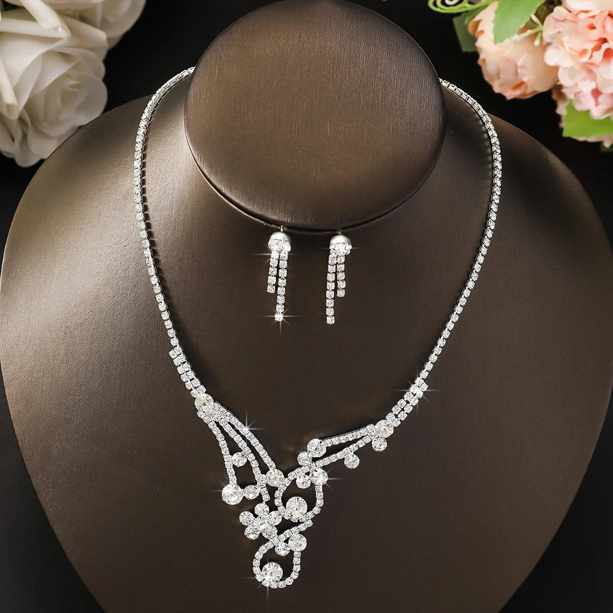 Conjunto de 3 piezas de collar y pendientes con diamantes de imitación para mujer