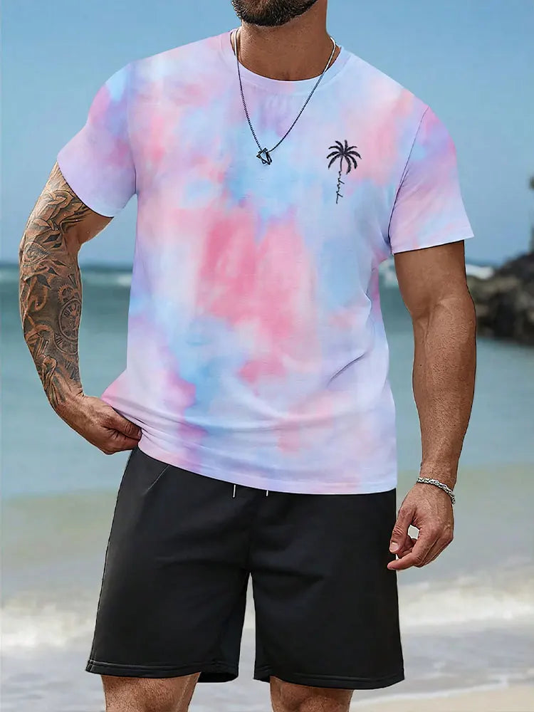Conjunto de 2 piezas de verano vibrante para hombre, camiseta elegante e informal para hombre, pantalones cortos de playa para exteriores, estampado , cuello redondo y mangas cortas.
