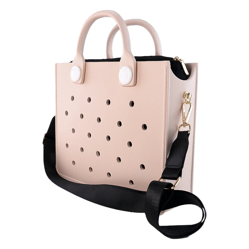 Bolso de mano morado con perforaciones para mujer, informal, impermeable, para viajes, con abalorios, para playa y exteriores.