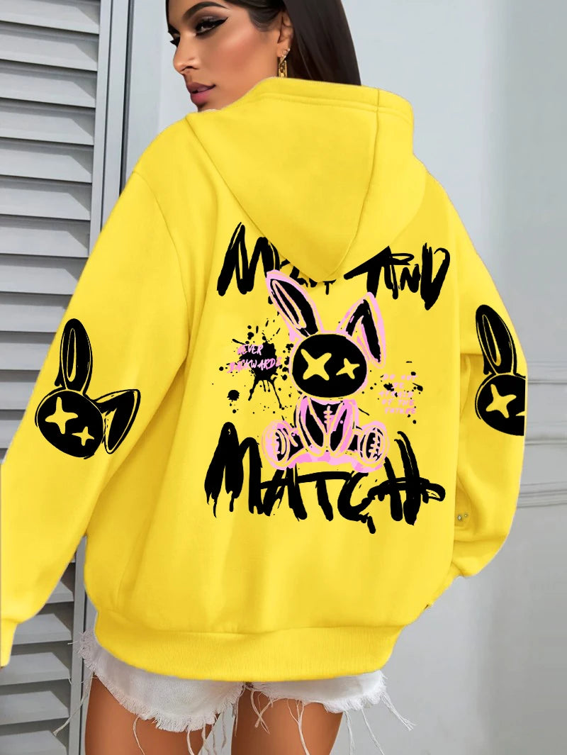 Sudadera con capucha con estampado de conejo de dibujos animados para mujer, ropa informal con bolsillo, Sudadera holgada , ropa femenina de lana que combina con todo