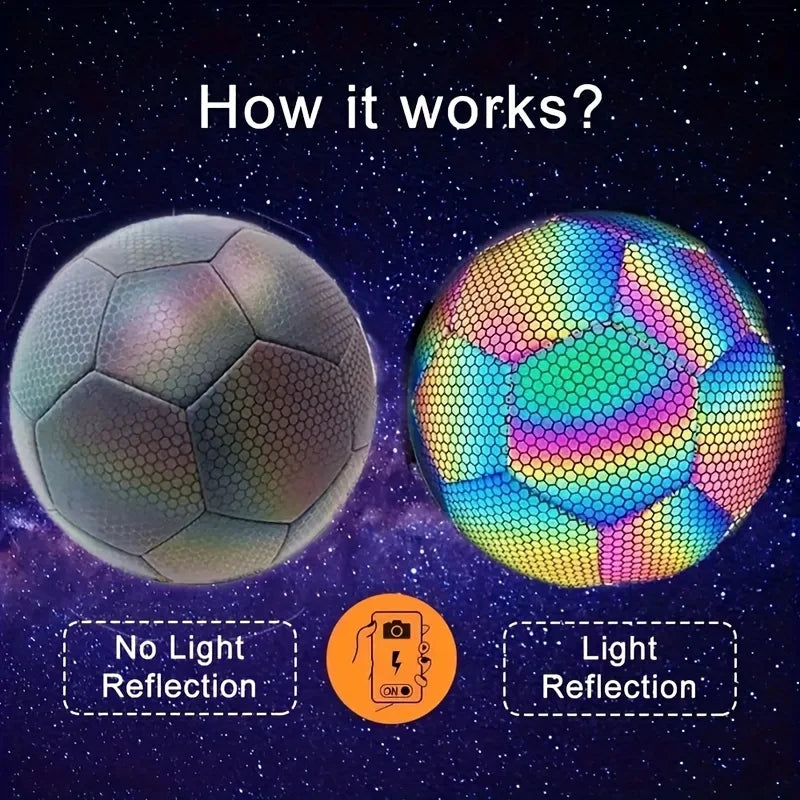 Balón de fútbol luminoso tamaño 5, profesional, de piel sintética, reflectante, con diseño que brilla en la oscuridad, para jugar en interiores y exteriores.