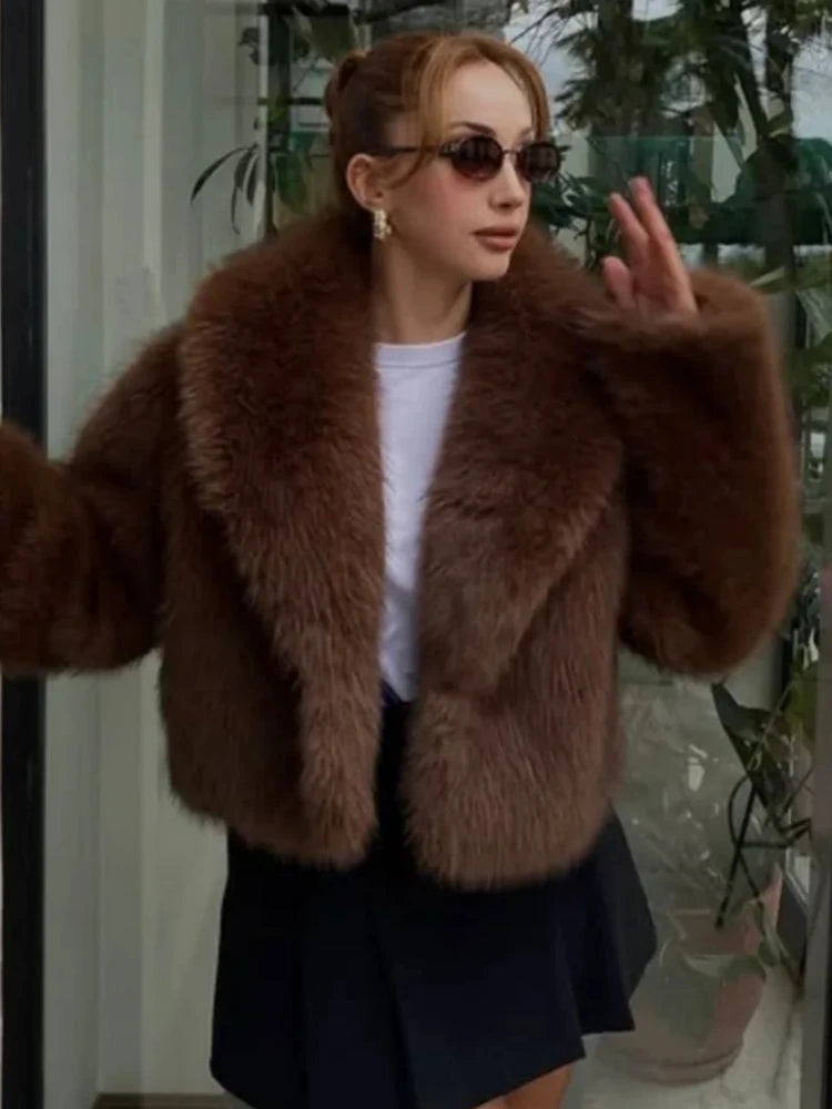 Chaqueta de piel sintética cálida retro para mujer, solapa gruesa, manga larga, botones ocultos, informal, elegante, para ir al trabajo, abrigo holgado, suave y esponjoso, para otoño e invierno, nuevo y elegante