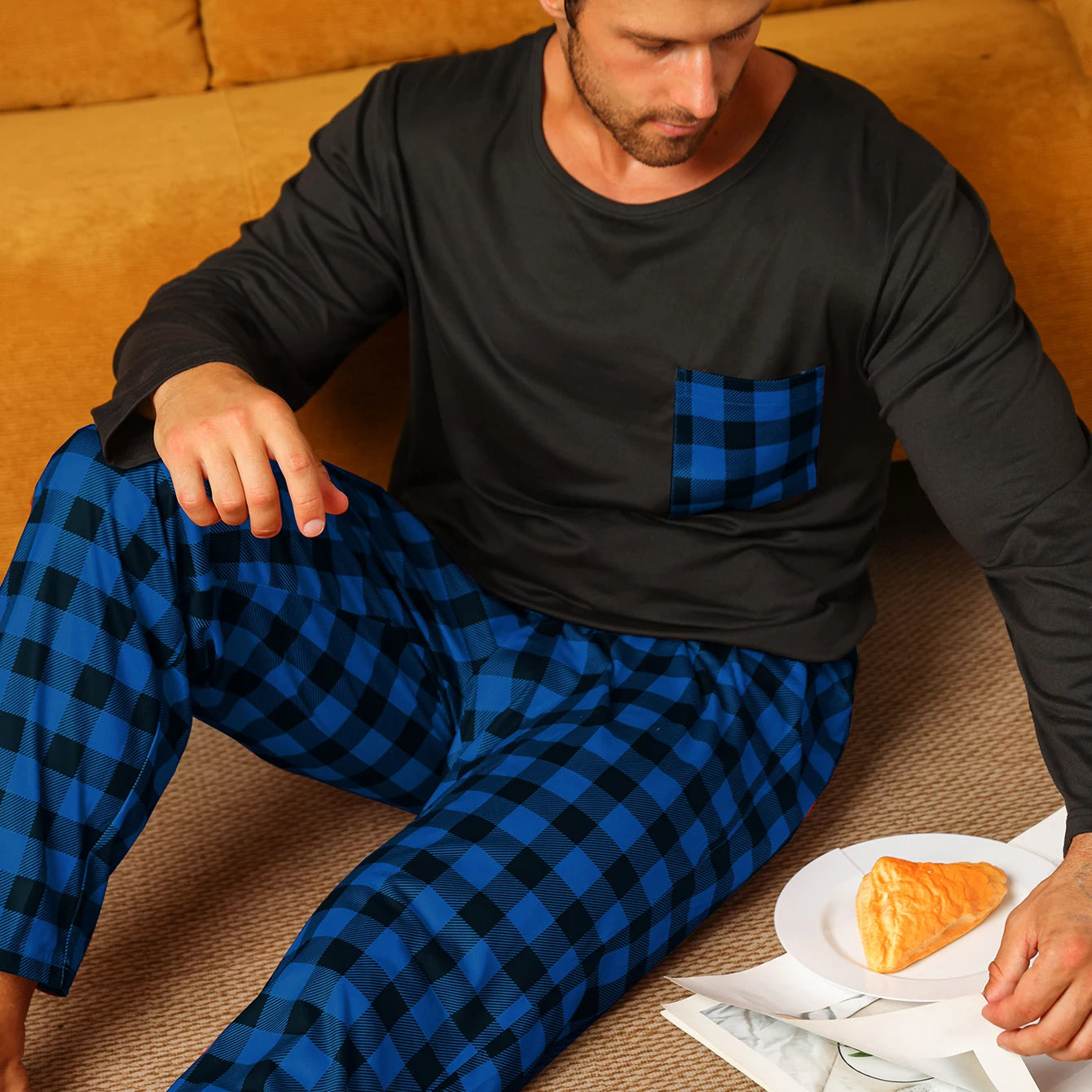 Conjunto de pijama de dos piezas para hombre ropa de dormir a cuadros pantalones de manga larga Otoño e Invierno
