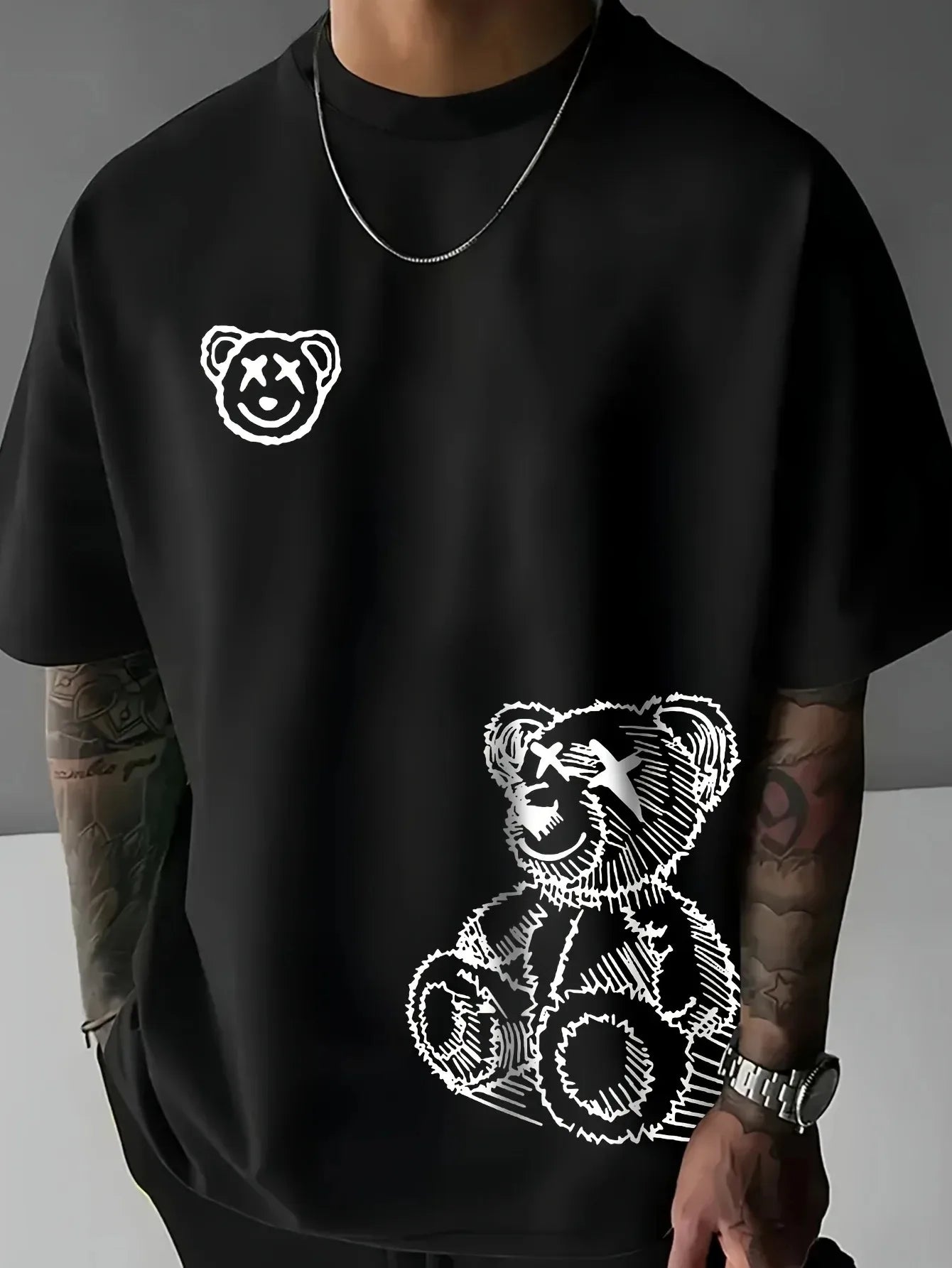 Camiseta de verano para hombre, 100 % algodón, informal, holgada, de calle, con estampado de oso de dibujos animados, cuello redondo y manga corta