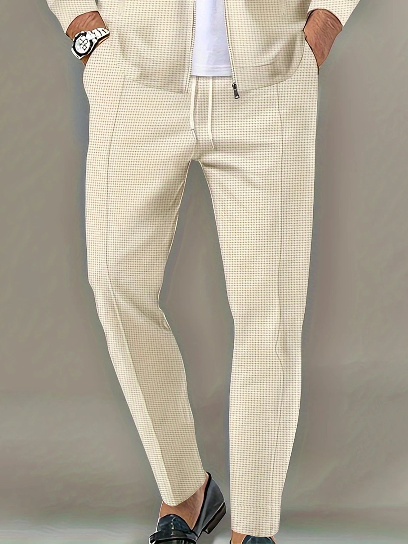 Pantalones largos de tela tipo gofre de tiro medio para hombre, pantalones elegantes y ligeros, adecuados para todas las estaciones