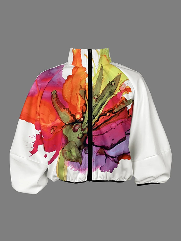 Chaqueta con estampado Floral para mujer, abrigo holgado de media manga con cremallera y cuello alto, otoño