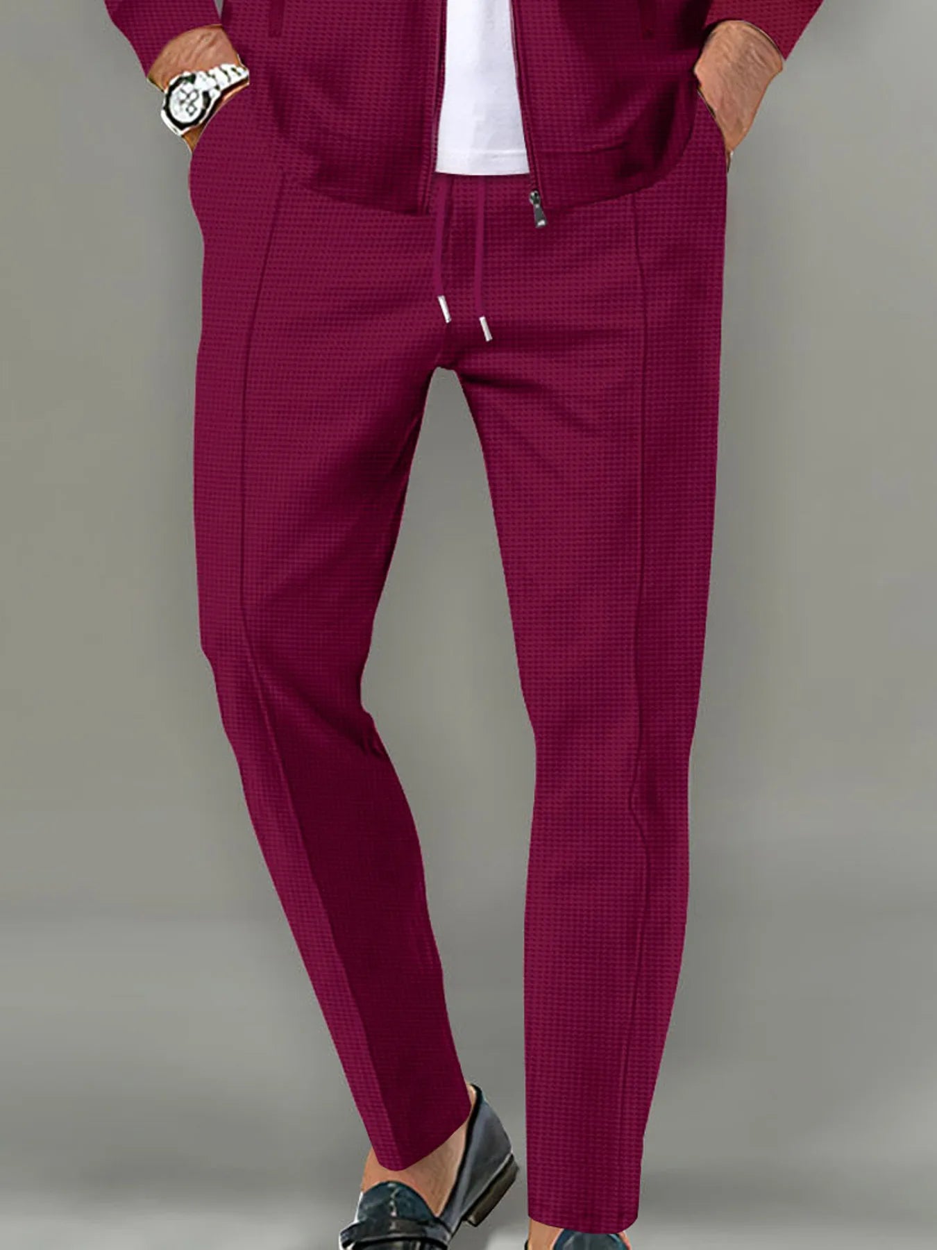 Pantalones largos de tela tipo gofre de tiro medio para hombre, pantalones elegantes y ligeros, adecuados para todas las estaciones