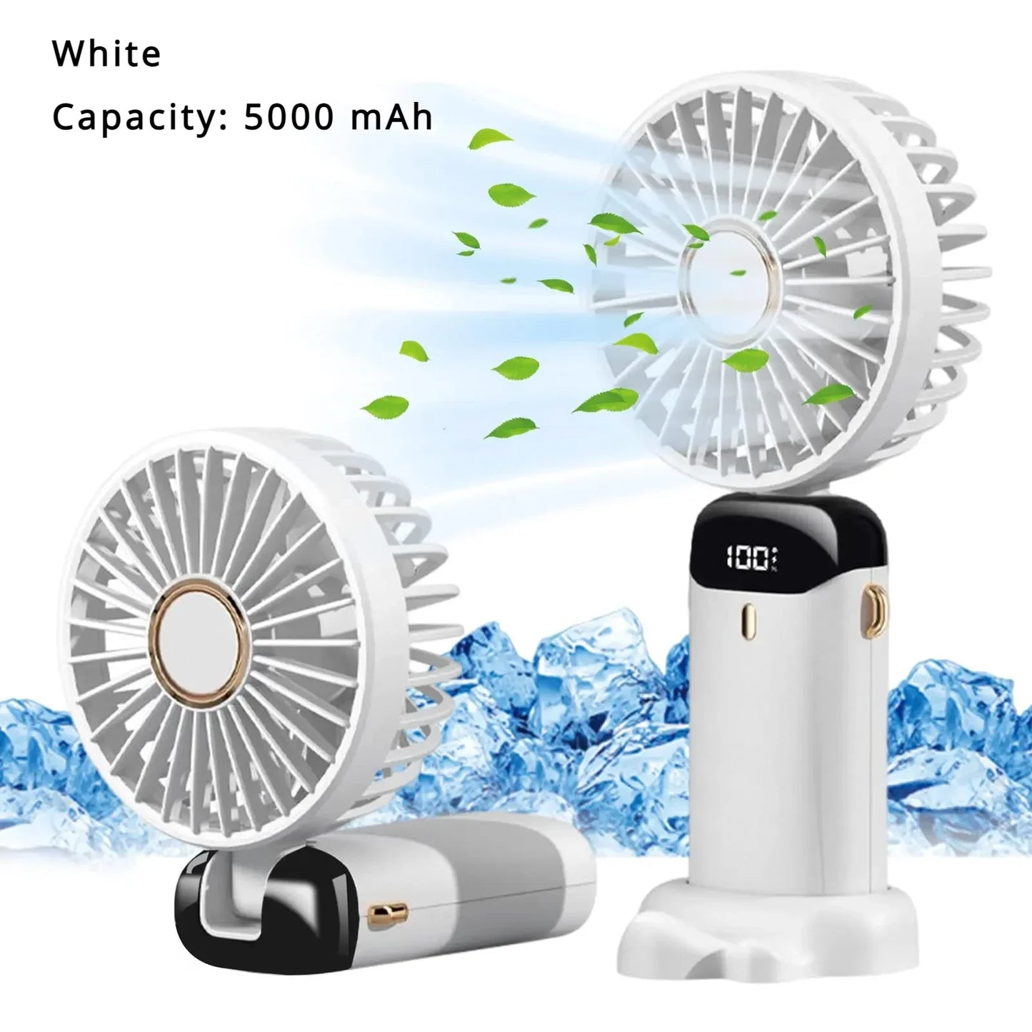 Mini ventilador de mano de 5000 mAh, inalámbrico, recargable por USB, portátil, con pantalla digital, soporte para teléfono, ventilador plegable de 5 velocidades para colgar en el cuello