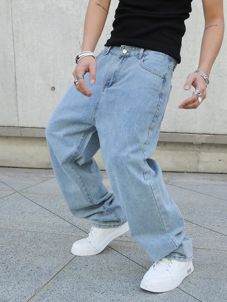 Pantalones vaqueros holgados rectos de gran tamaño pantalones vaqueros casuales sueltos ropa de calle de Color sólido moda, pantalones de pierna ancha