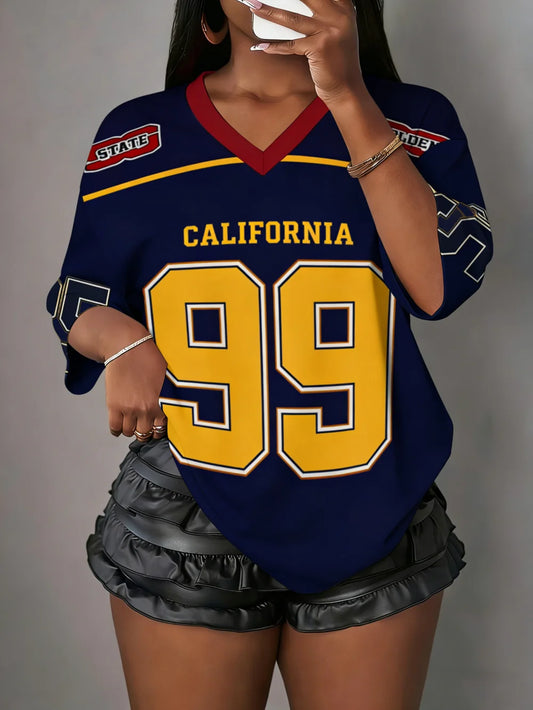 Camiseta Deportiva de Manga Corta con Cuello en V y Estampado