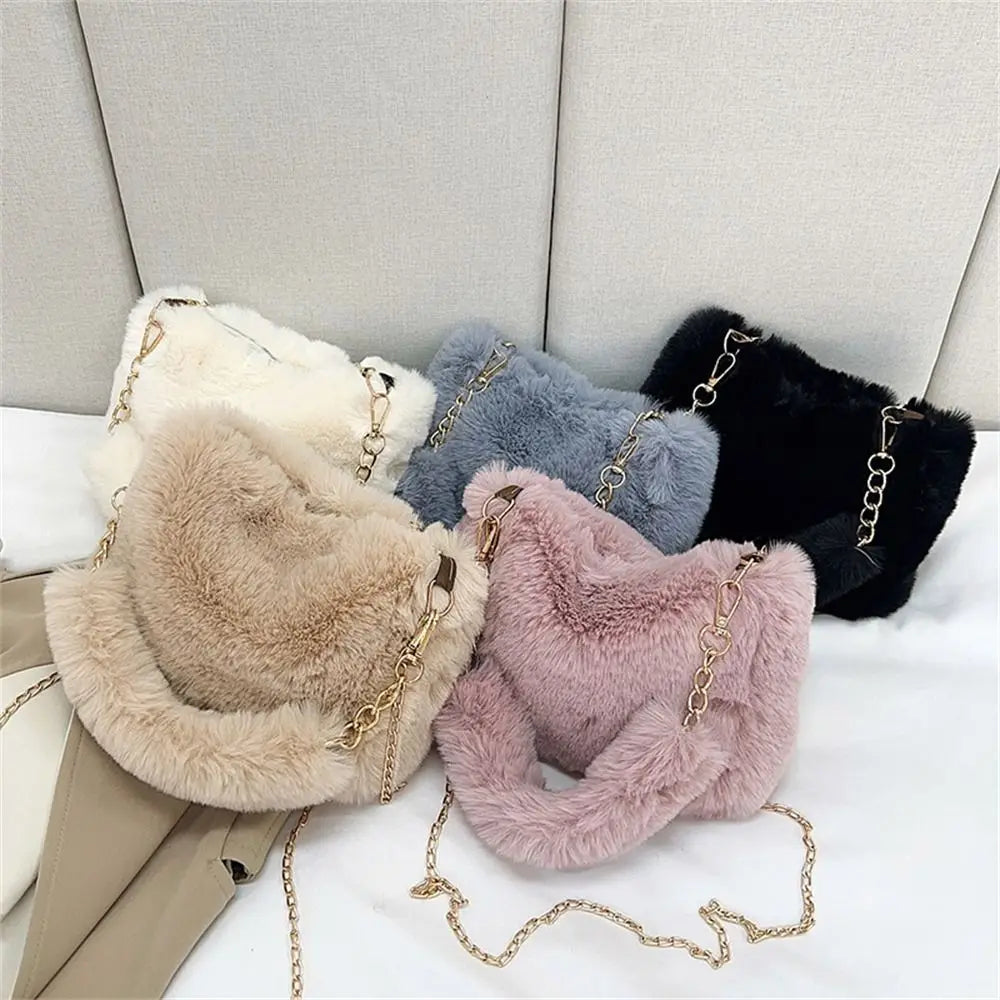 Bolso de hombro mullido para mujer, bolso de invierno con cadena para debajo del brazo, bolso de mano de color liso, bolso con asa de felpa suave.