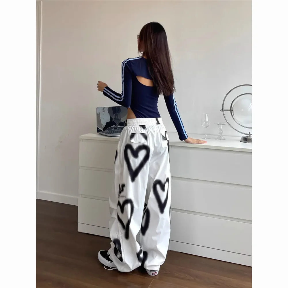 Pantalones de pierna ancha Love para mujer , ropa de calle elástica de cintura alta, pantalones holgados pantalones de chándal informales