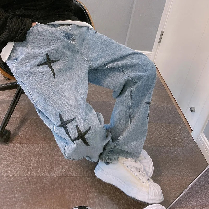 Pantalones Cargo de holgados informales rectos a la moda Vintage para novio, pantalones vaqueros con estampado de estrellas para hombre, ropa de calle, pantalones vaqueros de pierna ancha holgados