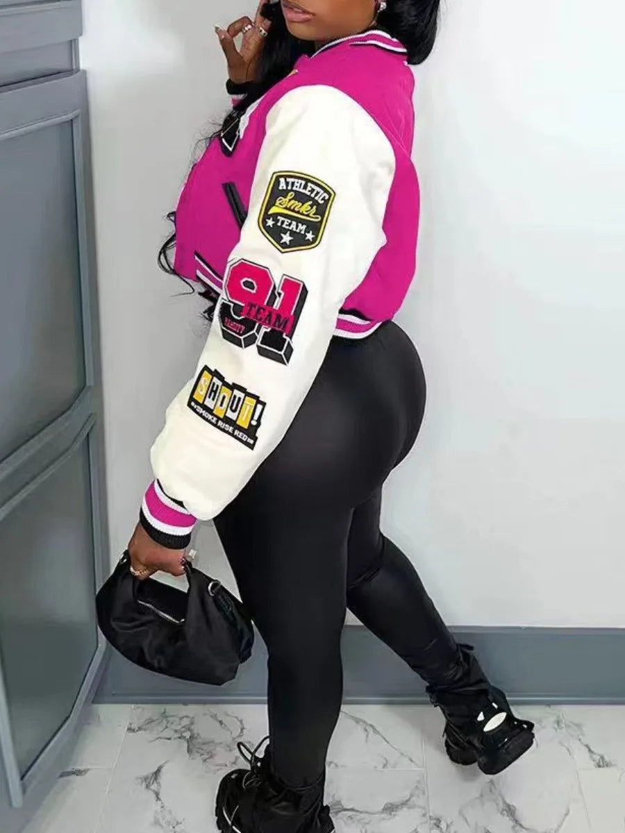 Chaqueta de mujer , chaqueta universitaria informal con estampado de letras y parches