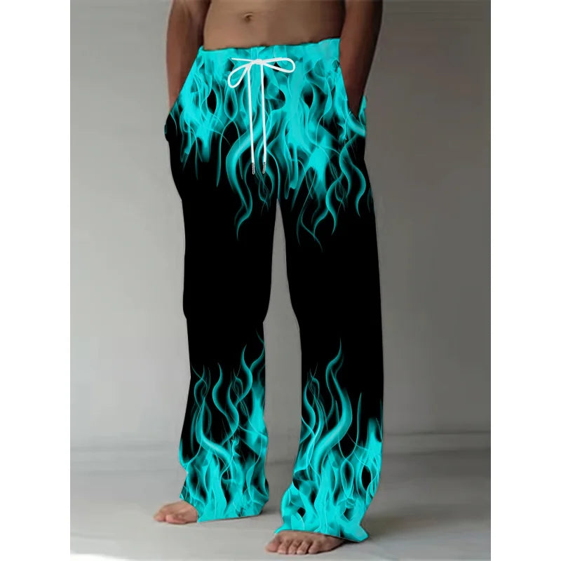 Pantalones de moda de verano para hombre, pantalones de pierna recta con estampado de llamas Retro informales, pantalones holgados con cordón como regalo