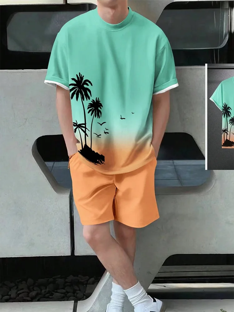 Conjunto de 2 piezas de verano vibrante para hombre, camiseta elegante e informal para hombre, pantalones cortos de playa para exteriores, estampado , cuello redondo y mangas cortas.