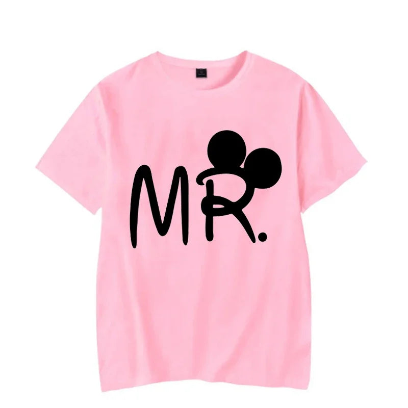 Camiseta de manga corta con estampado de ratón y dibujos animados de Mr. Mrs para parejas, camiseta de verano con estampado de letras, camiseta informal holgada para amantes, camiseta unisex