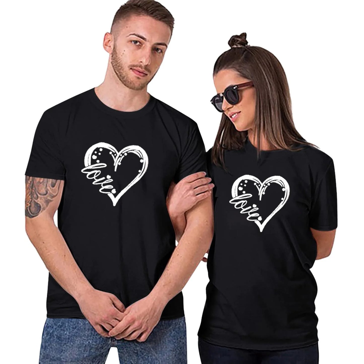 Camiseta de manga corta con estampado de corazón para parejas, cuello redondo, holgada, para amantes, para hombre y mujer