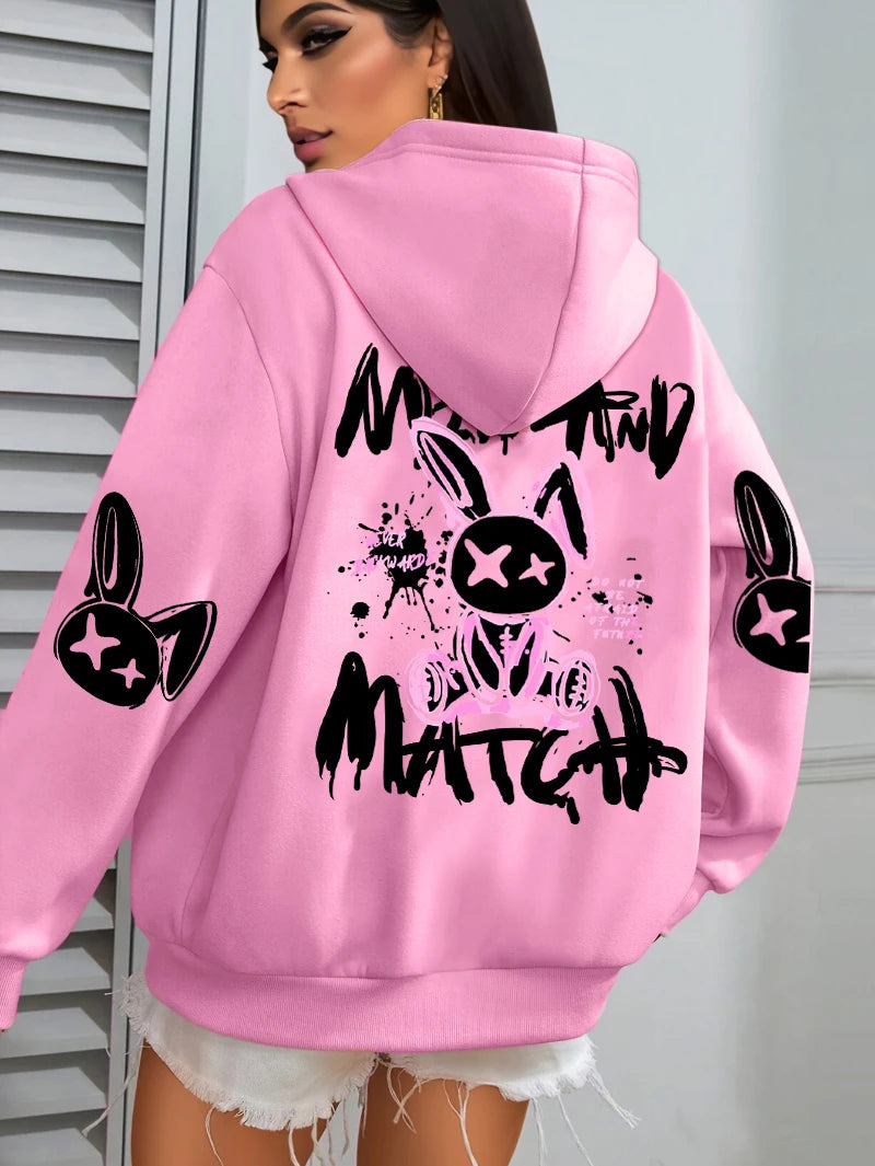 Sudadera con capucha con estampado de conejo de dibujos animados para mujer, ropa informal con bolsillo, Sudadera holgada , ropa femenina de lana que combina con todo