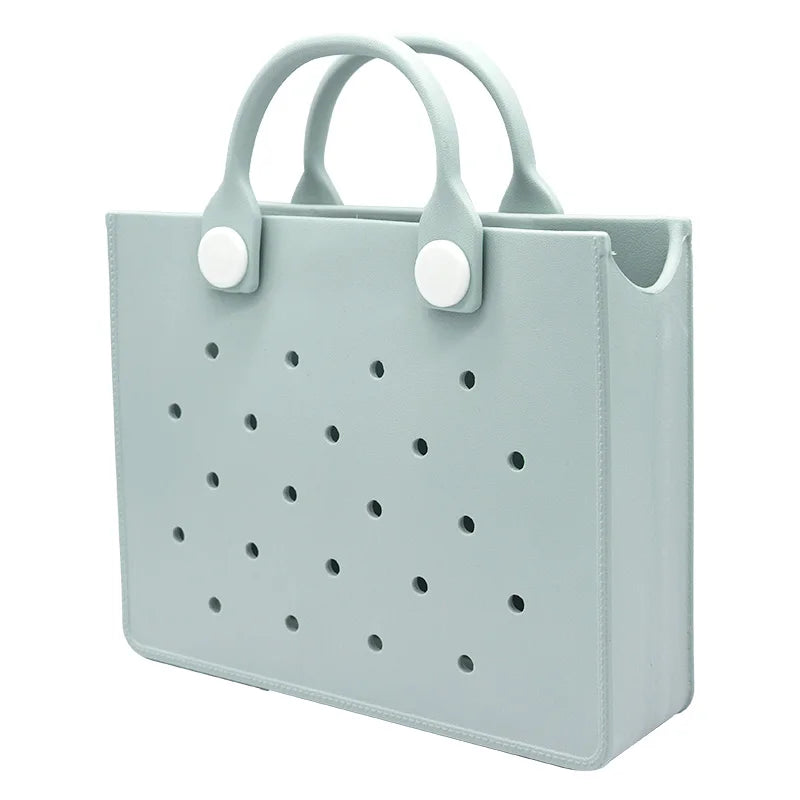 Bolso de mano morado con perforaciones para mujer, informal, impermeable, para viajes, con abalorios, para playa y exteriores.