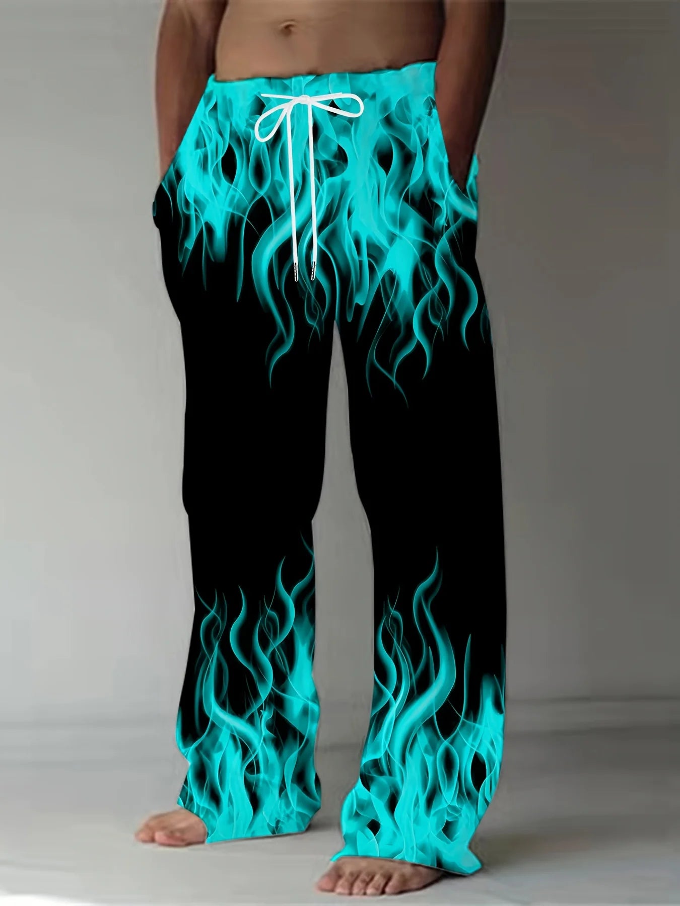 Pantalones de moda de verano para hombre, pantalones de pierna recta con estampado de llamas Retro informales, pantalones holgados con cordón como regalo