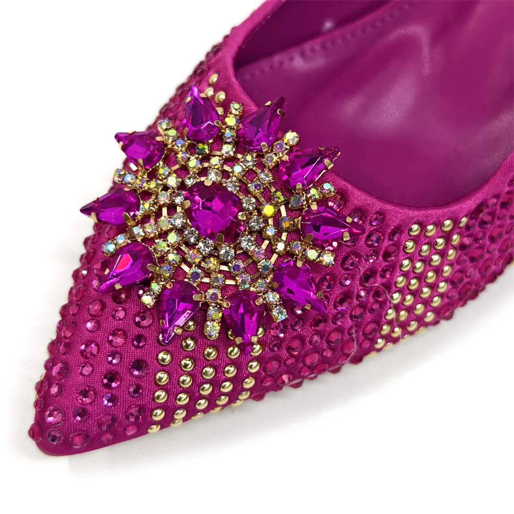 zapatos italianos para mujer y bolso, conjunto de Color fucsia, tacones altos cómodos con diamantes de imitación