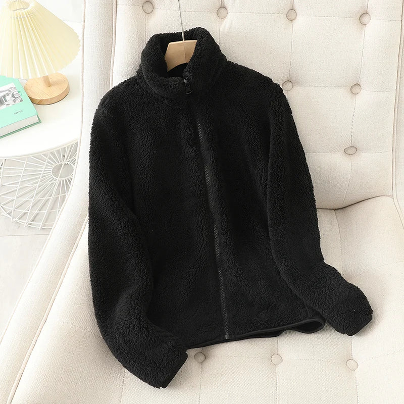 Abrigo de lana para mujer, chaqueta gruesa cálida de invierno, ropa de dos caras, abrigos de lana Coral de terciopelo de doble cara, chaquetas de lana Polar