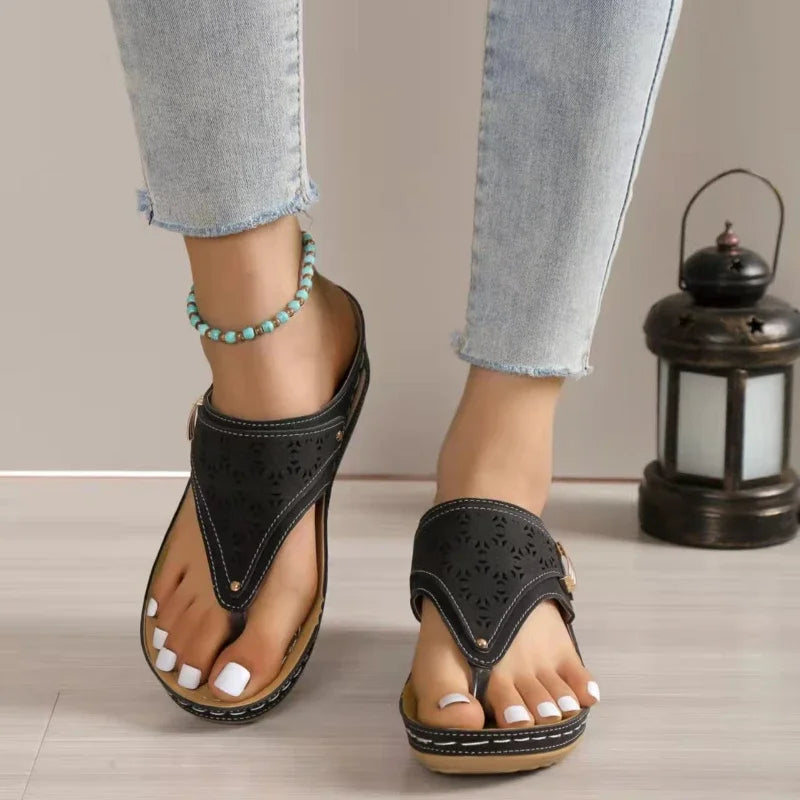 Sandalias ortopédicas de verano para mujer, de piel, antideslizantes, con plataforma suave, con cuña y tacón