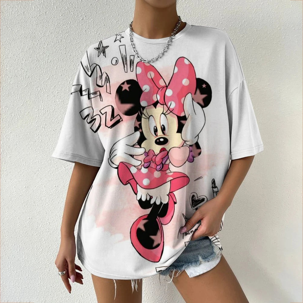 Camiseta de verano de manga corta para mujer, con estampado de cuello redondo