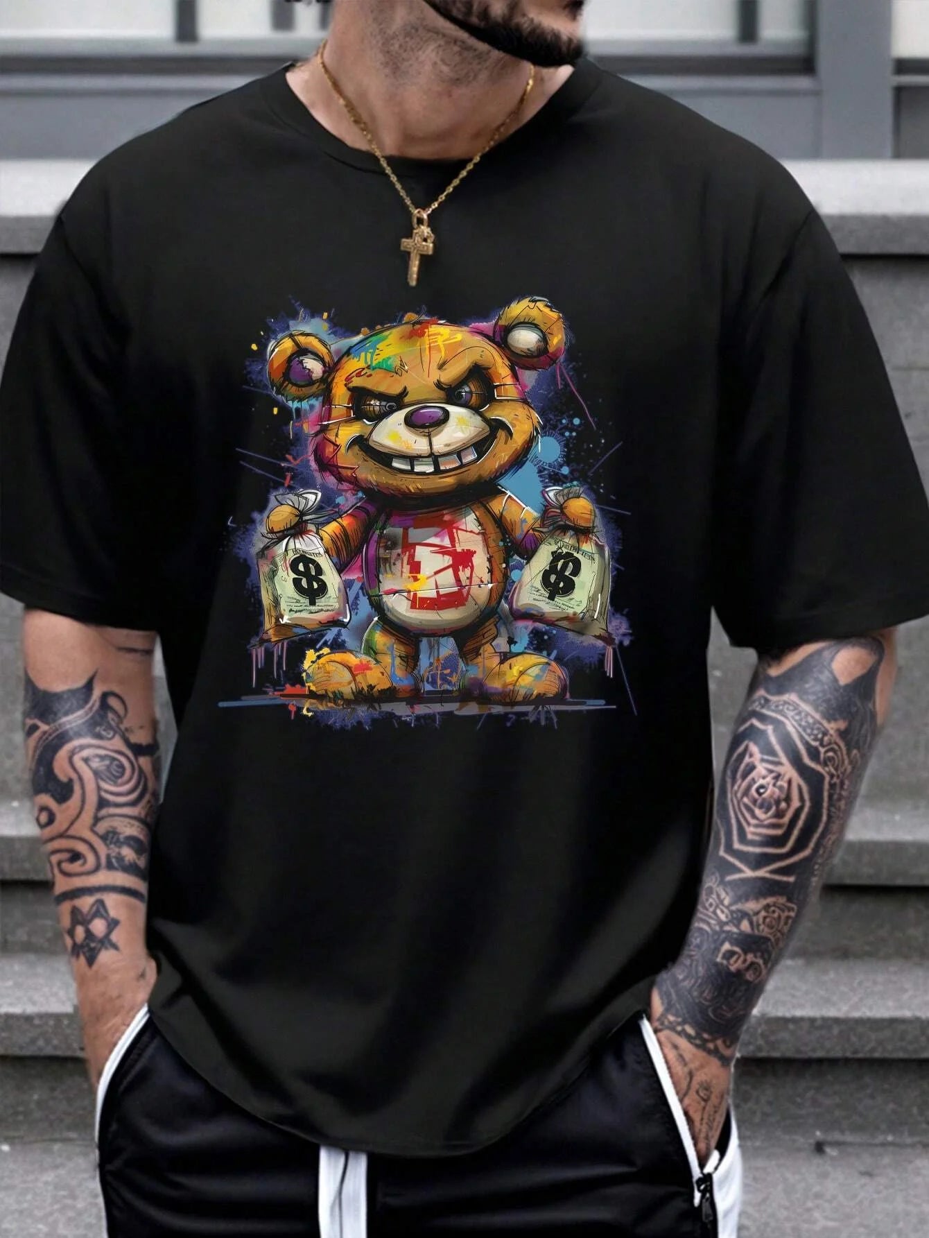 Camiseta deportiva informal de manga corta con cuello redondo y estampado para hombre