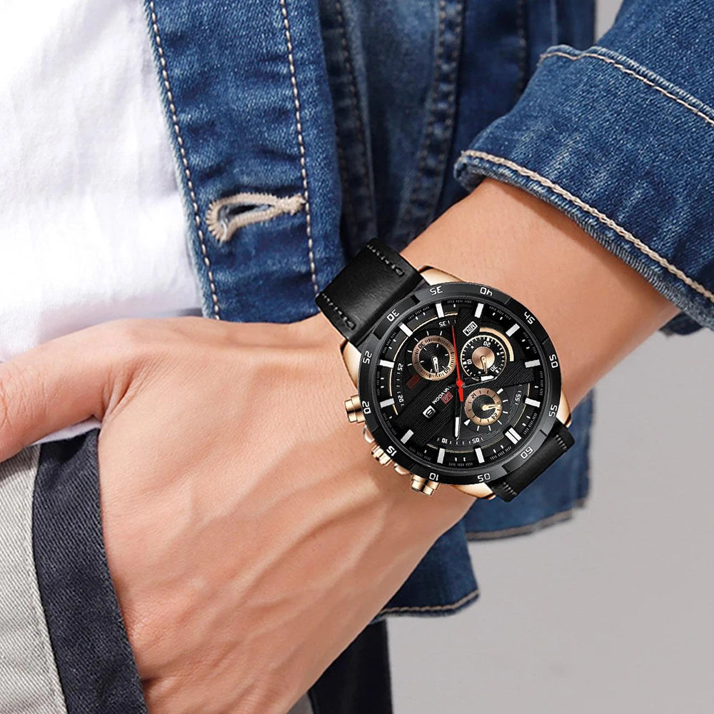 Reloj deportivo para hombre, de cuero, estilo de carreras, informal, de moda, original, negro, oro rosa, calendario, reloj de cuarzo.