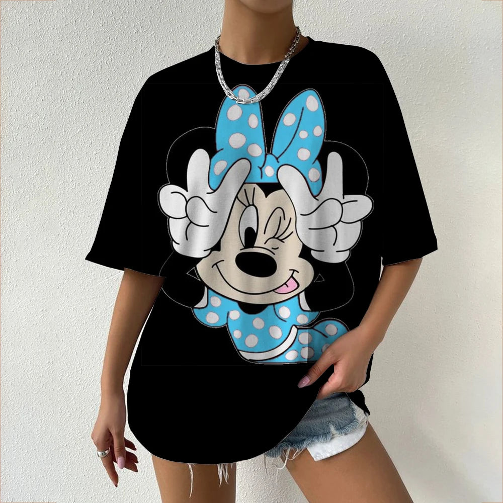 Camiseta de verano de manga corta para mujer, con estampado de cuello redondo