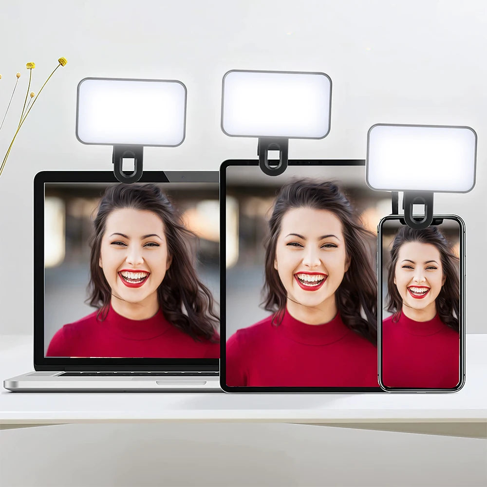 Mini luz de relleno para selfies, recargable, 3 modos de color, brillo ajustable, clip para teléfonos móviles, computadoras, fotografía, luces LED