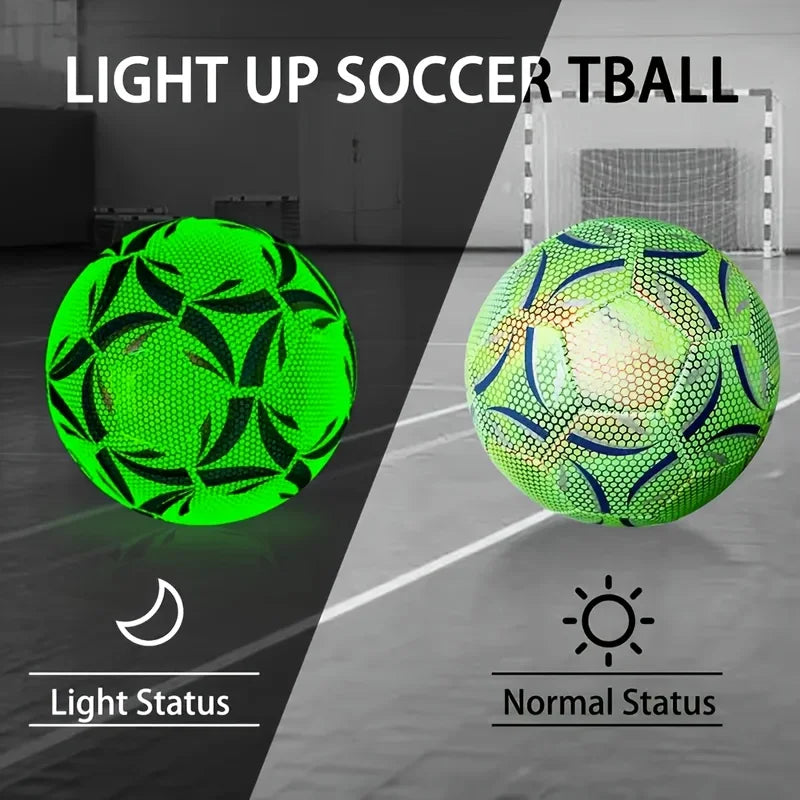 Balón de fútbol luminoso tamaño 5, profesional, de piel sintética, reflectante, con diseño que brilla en la oscuridad, para jugar en interiores y exteriores.