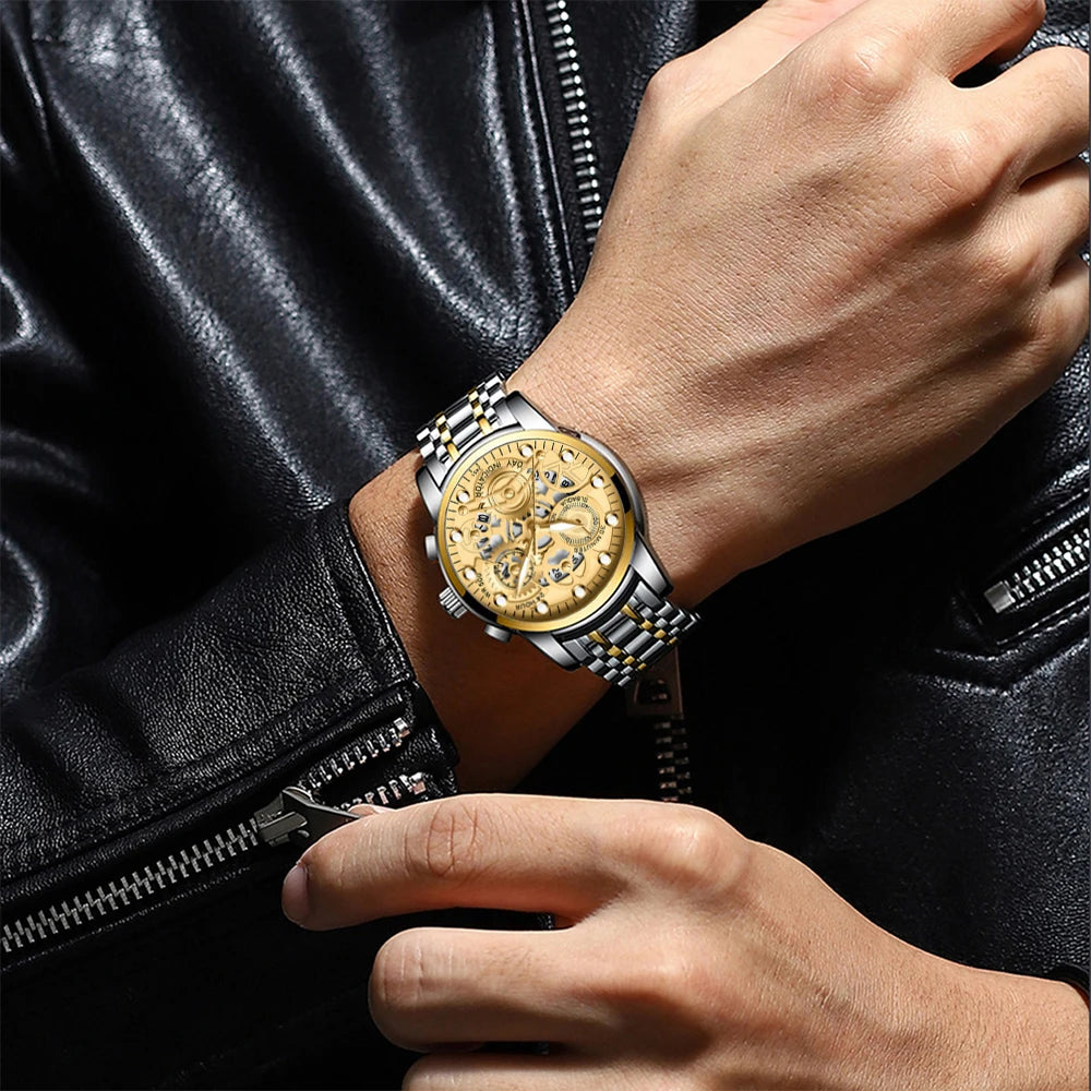 Reloj de negocios para hombre, diseño de esqueleto, estilo mecánico de moda, acero inoxidable, movimiento de cuarzo, calendario, reloj de pulsera impermeable para hombre.