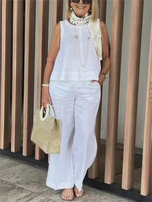 Women's Cotton Linen Clothing Set Loose Sleeveless Top Wide Leg Pants Casual Outfits 2 Piece Set