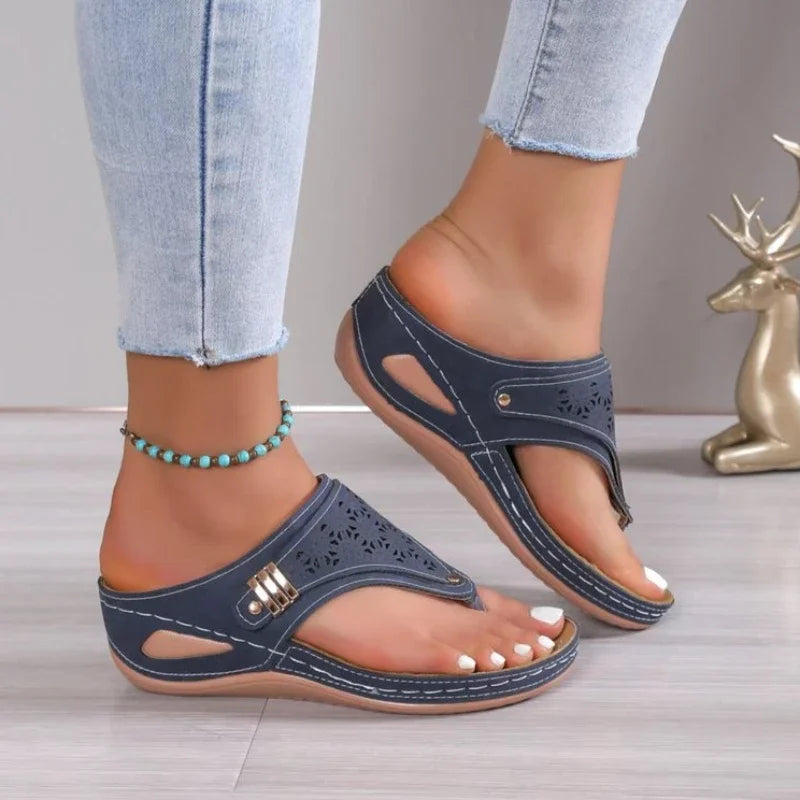 Sandalias ortopédicas de verano para mujer, de piel, antideslizantes, con plataforma suave, con cuña y tacón