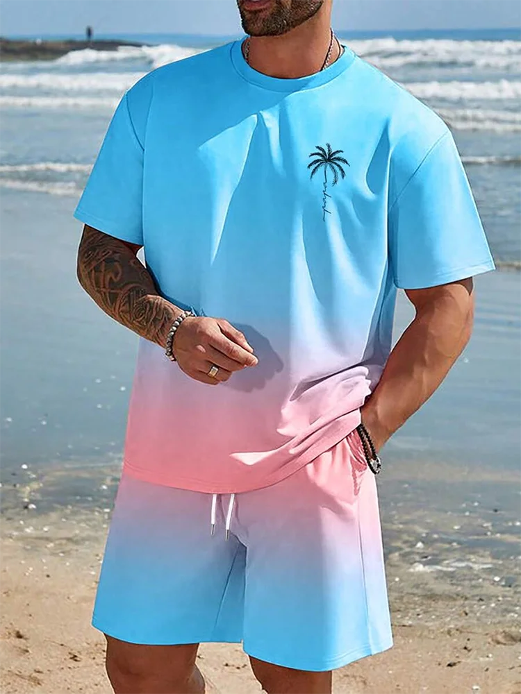 Conjunto de 2 piezas de verano vibrante para hombre, camiseta elegante e informal para hombre, pantalones cortos de playa para exteriores, estampado , cuello redondo y mangas cortas.