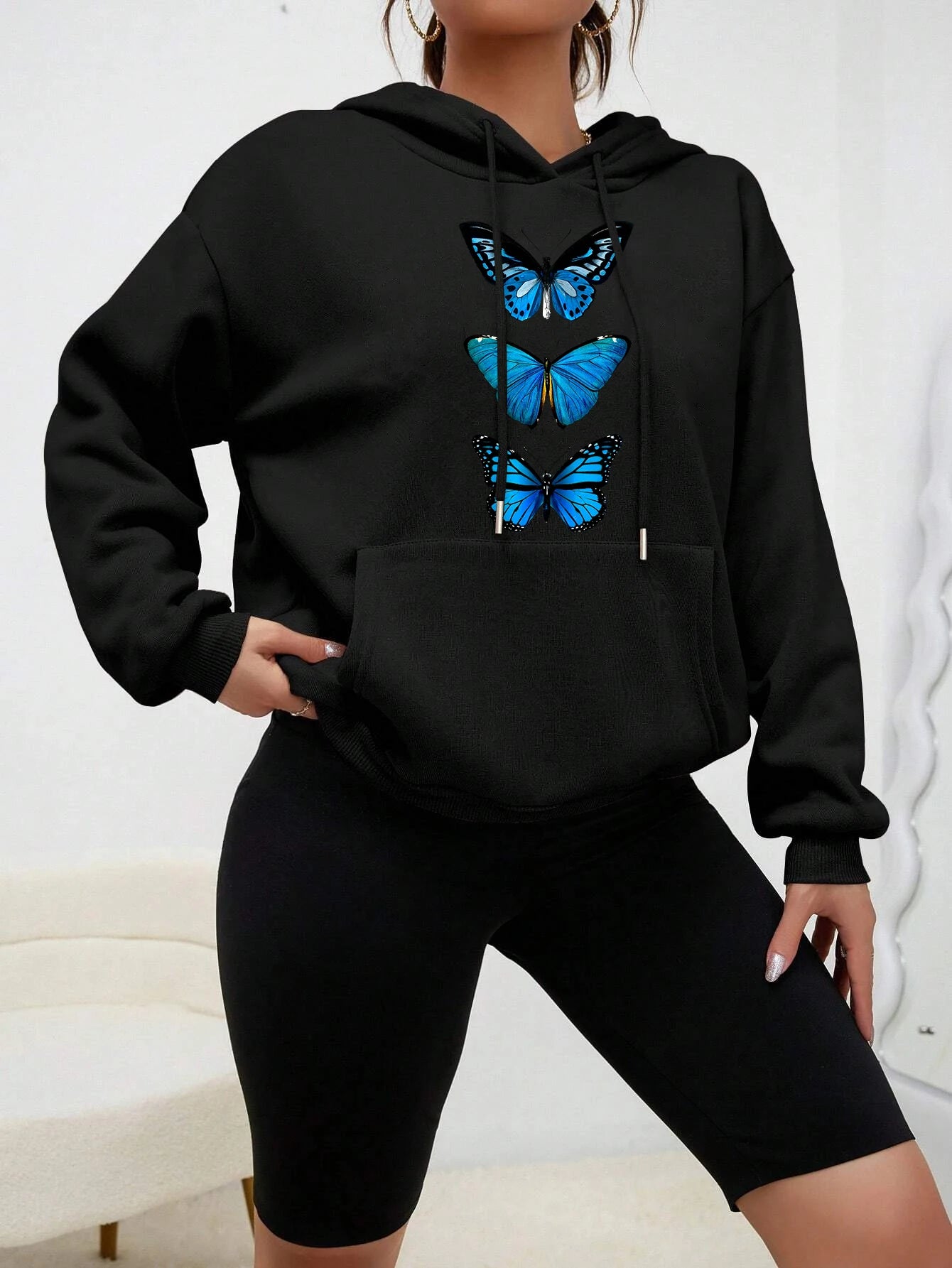 Sudadera con capucha con estampado de mariposa creativa para mujer, sudadera informal de calle, Sudadera con capucha de lana a la moda