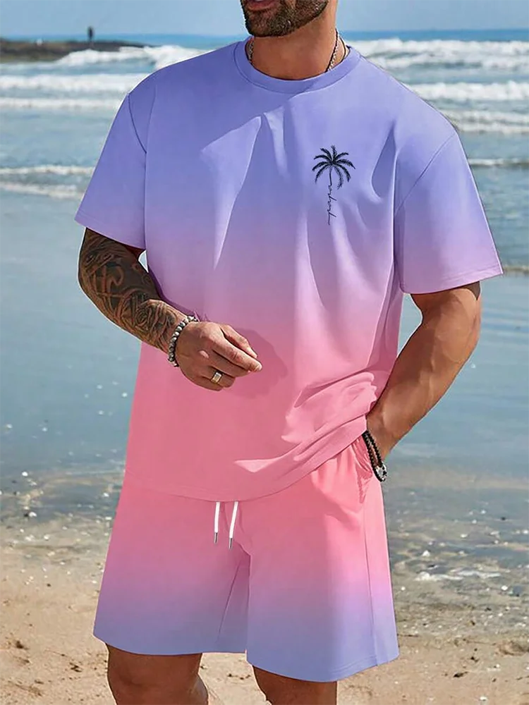 Conjunto de 2 piezas de verano vibrante para hombre, camiseta elegante e informal para hombre, pantalones cortos de playa para exteriores, estampado , cuello redondo y mangas cortas.