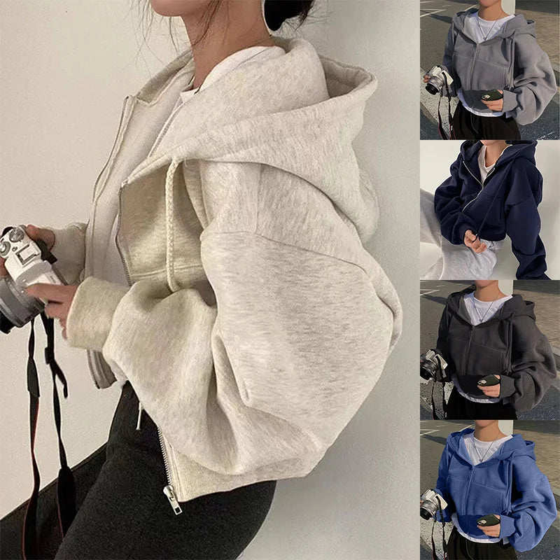 sudadera de mujer nuevo versátil recortado con cremallera ,Sudadera con capucha Mujer