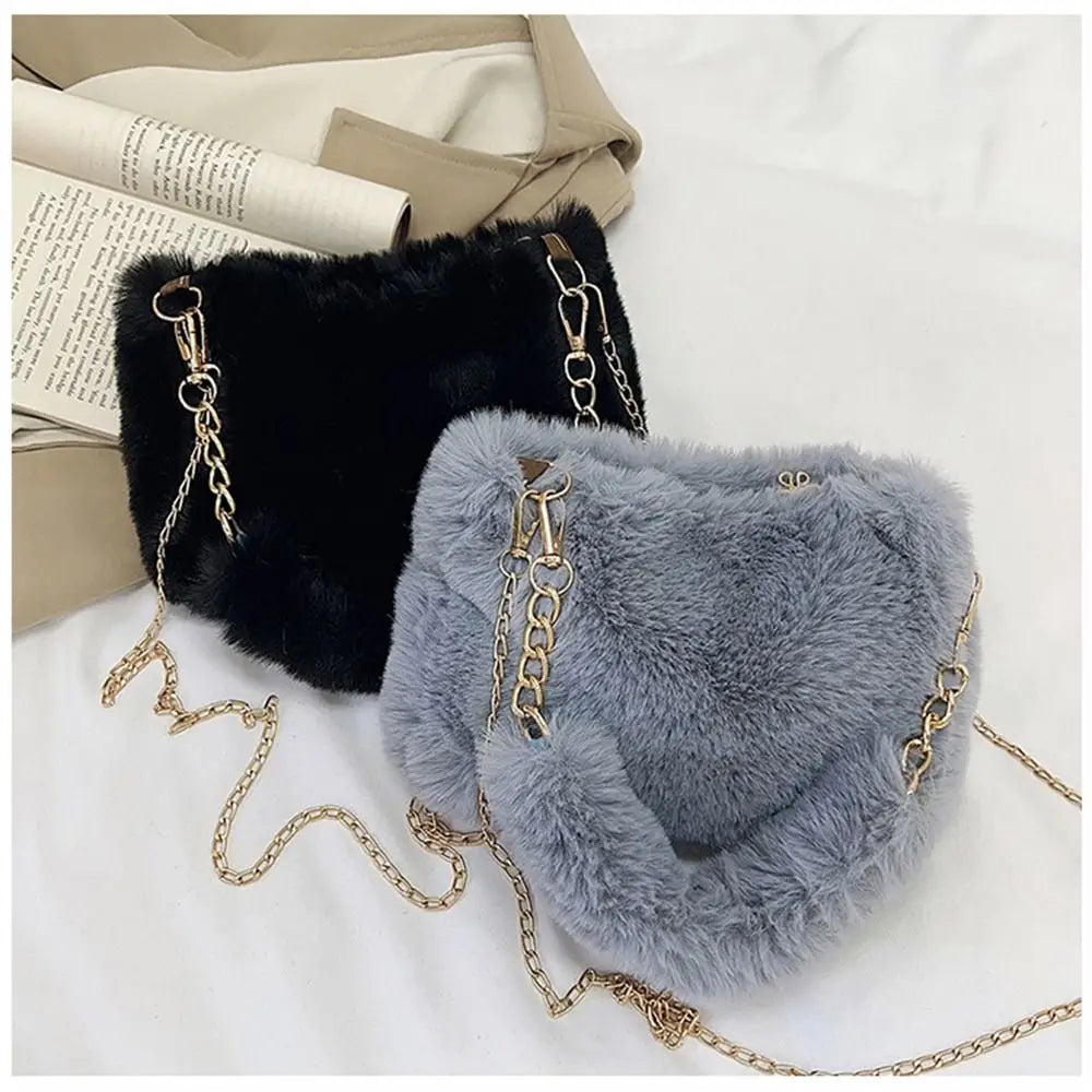 Bolso de hombro mullido para mujer, bolso de invierno con cadena para debajo del brazo, bolso de mano de color liso, bolso con asa de felpa suave.