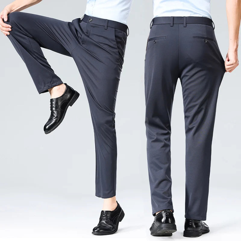 Pantalones de verano para hombre, pantalones casuales elásticos rectos finos sin rastro, sin tela para planchar, sensación sedosa y fresca